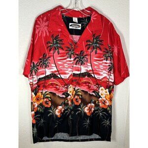 Palmwave Hawaiian Shirt Mens Extra Large Red Palm Trees Floral Beach Aloha